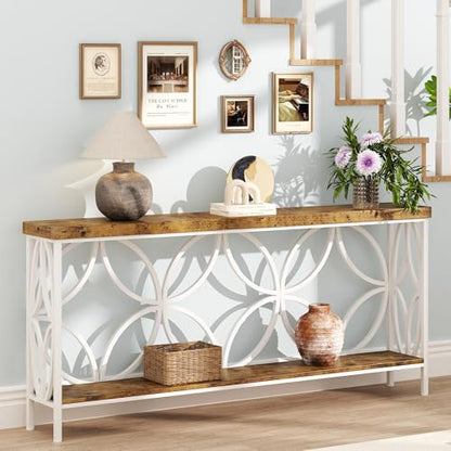 70.9 inch Extra Long Sofa Table, Industrial Console Table Behind Couch | With 2 Tier Storage Shelf, Entryway Table for Entryway, Living Room, Foyer, Hallway, Unique Design, White - color: White