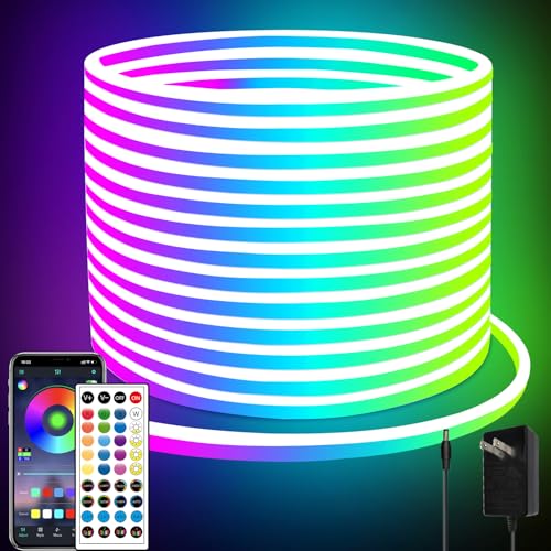 segrass 66FT Neon LED Rope Lights IP65 Waterproof LED Lights for Bedroom Flexible LED Light Strip with Remote/APP Control RGB Lighting Strip for Indoors Outdoors Bedroom Room Home Décor - size: 66ft