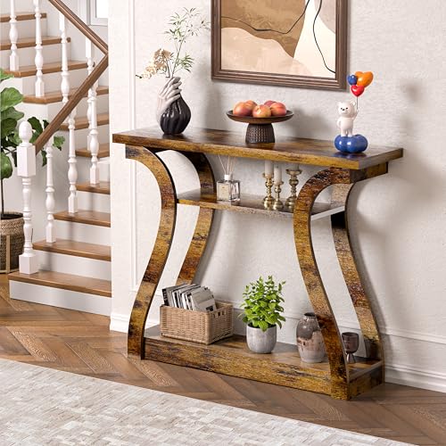 Wood Console Table, 3-Tier Accent Sofa Table (Rustic Brown) | 47" Entry Table with Curved Legs, 3-tier Shelf Modern Accent Sofa Table for Entrance Area, Living room, Hallway - color: Rustic Brown