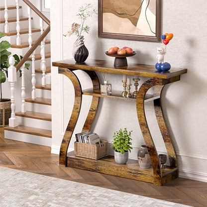 Wood Console Table, 3-Tier Accent Sofa Table (Rustic Brown) | 47" Entry Table with Curved Legs, 3-tier Shelf Modern Accent Sofa Table for Entrance Area, Living room, Hallway - color: Rustic Brown