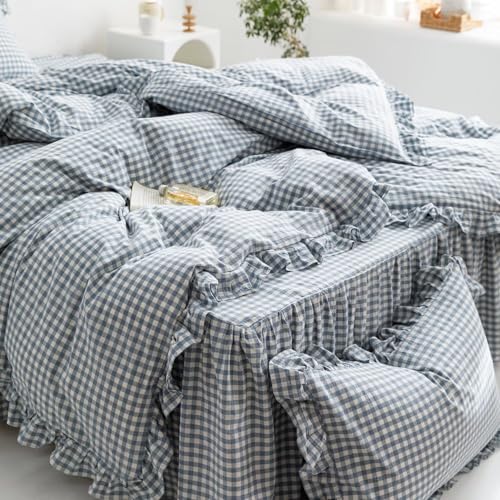 MKXI Blue and White Gingham Duvet Cover Twin Size, 3-Piece Bedding Set with Ruffles - 100% Soft Washed Cotton, Crisp Breathable - Nautical Coastal Classic Style Comforter Cover - color: 002 Ruffle- Blue Gingham, size: Twin