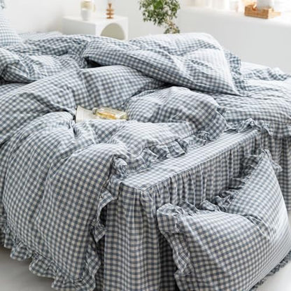 MKXI Blue and White Gingham Duvet Cover Twin Size, 3-Piece Bedding Set with Ruffles - 100% Soft Washed Cotton, Crisp Breathable - Nautical Coastal Classic Style Comforter Cover - color: 002 Ruffle- Blue Gingham, size: Twin