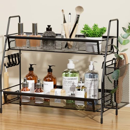 VITVITI 2 Tier Bathroom Countertop Organizer, Vanity Storage Shelf, Black | Bathroom Counter Organizer, Vanity Makeup Tray Shelf, Kitchen Spice Rack, Metal Wire Mesh, with Basket Hooks - color: 2 Tier Large Black