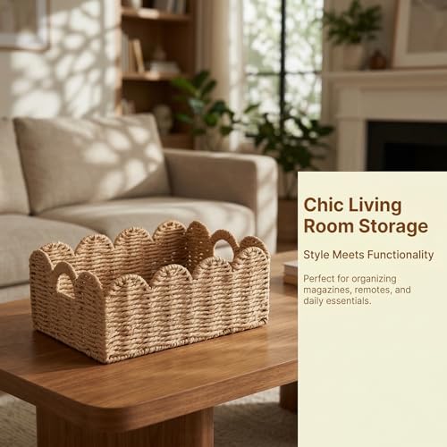 Scalloped Wicker Baskets Set of 3, Hand-Woven Storage with Handles | set of 3 tan scalloped baskets with handles. Hand-woven paper rope for shelves, bathroom or closet. Stackable, sturdy. - color: Tan