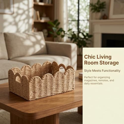Scalloped Wicker Baskets Set of 3, Hand-Woven Storage with Handles | set of 3 tan scalloped baskets with handles. Hand-woven paper rope for shelves, bathroom or closet. Stackable, sturdy. - color: Tan
