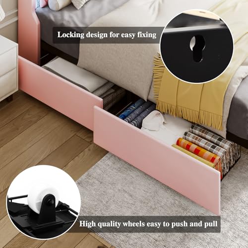 Twin Bed Frame with LED Lights & Charging Station, Upholstered Bed Frame Twin Size with Storage Headboard & 2 Drawers, Diamond Tufted, Curved Wingback, PU Leather, No Box Spring Needed, Pink - color: Pink, size: Twin