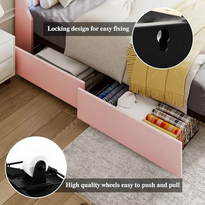 Twin Bed Frame with LED Lights & Charging Station, Upholstered Bed Frame Twin Size with Storage Headboard & 2 Drawers, Diamond Tufted, Curved Wingback, PU Leather, No Box Spring Needed, Pink - color: Pink, size: Twin