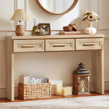 RWYHG 47" Entryway Table with 3 Drawers, Boho Rattan Console Table, Natural | Layered Drawer Front Design , Open Bottom Storage, Farmhouse Behind Couch Table, Entry Table for Living Room Hallway& Foyer - color: Rattan