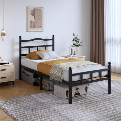 SHOANED 14 Inch Metal Bed Frame - Twin Size Heavy Duty Bedframe with Headboard & Footboard Black Basic Steel Slats Platform No Box Spring Needed/Easy Assembly/Noise Free - size: Twin, style: 14 Inch with Footboard