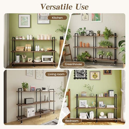 Industrial Bookshelf, Pipe Shelf Bookcase, 3 Tier, 60" Weathered Brown | Solid pine shelves, 60 inch wide, black pipe frame, 70 lbs per shelf, open bookcase for books, plants, office - color: Weathered Brown, size: 60"L × 39"H