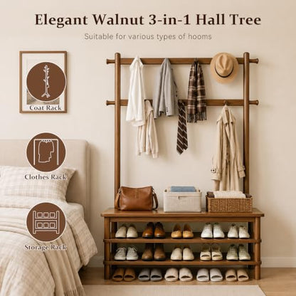 Hall Tree with Shoe Storage Bench, 3-in-1 Entryway Coat Rack with Bench, 11 Hooks, Freestanding Wooden Entryway Organizer for Mudroom, 35" Long - size: 35" Long