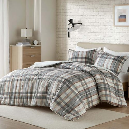 Intelligent Design Plaid Lodge Modern Tan/Gray Queen Duvet Cover Set, 3pc | Bedding Full Size, Girls Bedroom, Casual, Lightweight, All-Season, Machine Washable, Easy Care, Cozy, Breathable - color: Tan/Gray, size: F/Q Duvet Cover