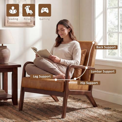 Mid Century Accent Chair w/Oak Frame Set of 2, Brown Faux Leather | Upholstered Lumbar Pillow Lounge Chair Brown Faux Leather Cozy Leisure Chair Retro Living Room Chair for Bedroom Waiting Room - color: Walnut Wood - Pu Brown, style: 2 PCS