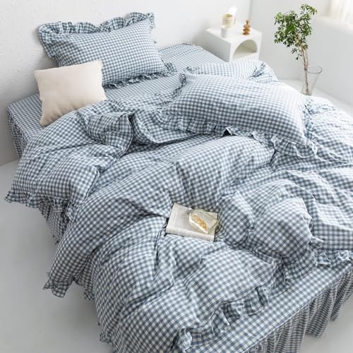 MKXI Blue and White Gingham Duvet Cover Twin Size, 3-Piece Bedding Set with Ruffles - 100% Soft Washed Cotton, Crisp Breathable - Nautical Coastal Classic Style Comforter Cover - color: 002 Ruffle- Blue Gingham, size: Twin