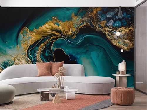 Teal Blue Green Yellow Gold Abstract Marble Fluid Vintage Wall Mural Peel and Stick Art Wallpaper Self Adhesive Removable Mural Large Foil Wall Decor Print Picture - color: Ma-007, size: 75"x108"