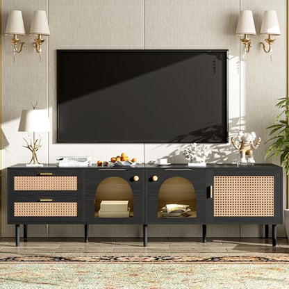 Modern Black Rattan TV Stand for TVs up to 80 inch, 71 in Entertainment Center with 3 Cabinets and 2 Drawers, Media Console with LED Lights and Cable Management for Living Room or Home Theater - color: Black-y