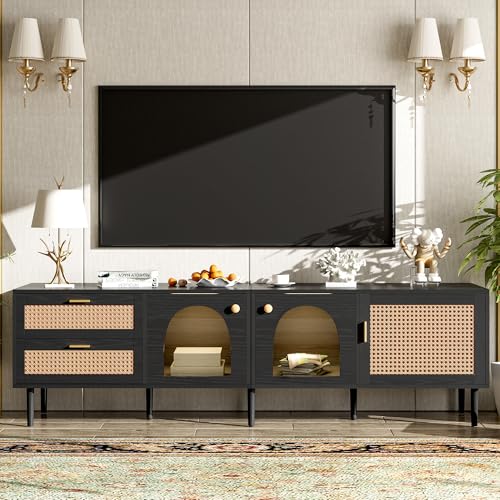 Modern Black Rattan TV Stand for TVs up to 80 inch, 71 in Entertainment Center with 3 Cabinets and 2 Drawers, Media Console with LED Lights and Cable Management for Living Room or Home Theater - color: Black-y