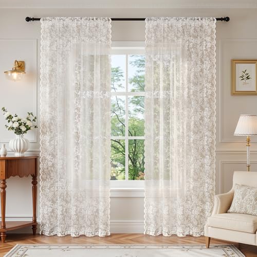 Vintage Floral Lace Sheer Curtains 96 Inches Long 2 Panels Victorian Ivory, Scalloped Edge Light Softening, Easy Install Rod Pocket Drapes for Bedroom Living Room French (W52xL96) Jade White - color: Jadewhitefloral, size: 52"W x 96"L (Pack of 2)