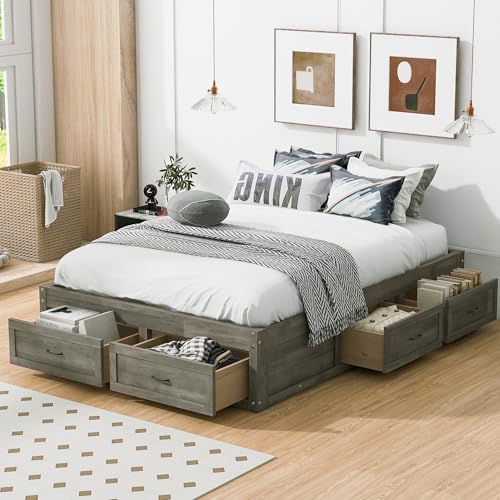 Wooden Platform Bed Full with 6 Large Storage Drawers,Without Headboard Design,Full Size Platform Bed Frame with Support Slats,Farmhosue Storage Beds for Kids Teens Adults,Space-Saving,Antique Gray - color: Antique Gray, size: Full