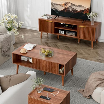 LCRBOL Coffee Table with Fluted Sliding Door, Mid-Century, Walnut | 39.3"L x 19.7"W x 17.1"H, double-sided sliding door & open shelf (7.5" clearance), golden knob, 5 tapered legs - color: Walnut(lsj012-wa)
