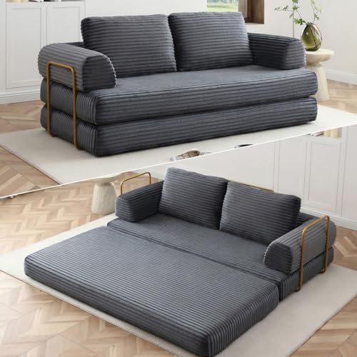 HANXIN 80 Inch Convertible Sleeper Sofa Bed, High Back Plush Corduroy Folding Floor Mattress Couch with Fixed-Shape Frame, Boneless Futon Loveseat with Pull Out Bed, No Assembly Required (Grey) - color: Grey, size: 80" Loveseat Sofa Bed