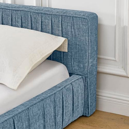 Queen Size Upholstered Bed Frame, Modern Grounded Bed with Solid Wood Slats, Pleated Headboard, Sturdy Construction, No Box Spring Needed, Grey (Blue, Queen) - color: Blue