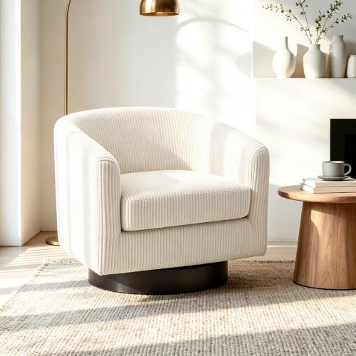 Swivel Barrel Chair, Corduroy Accent Chair, Beige | Modern Round Armchair | Comfy Upholstered Reading Seat with Removable Cushion | For Living Room, Bedroom, Office - color: Cream Beige