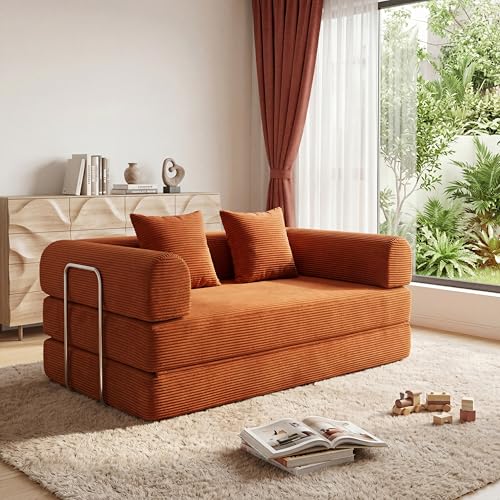 53.15"Boneless Couch,4-in-1 Futon Sofa Bed Modular Loveseat Sleeper Folding Compressed Couch with Pillows,No Assembly Required Convertible Sofa Bed for Living Room Bedroom Guest Room,Orange - color: Orange, size: 53.15" Loveseat Sofa