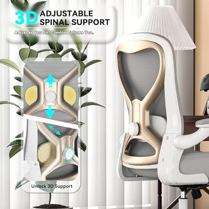 Ergonomic Home Office Chair, 4-Way Lumbar, Thick Cushion, 330LBS | Adjustable Lumbar (up/down/in/out), Rocking Mesh Back, Flip-up Arms, Easy Assembly, Ideal for home offices & small workspaces - color: Gray+champagne