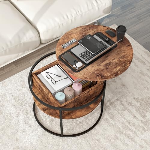 HOJINLINERO Round Lift Top Coffee Table with Storage,Farmhouse Rustic Brown | Round Coffee Table With Storage Hidden Compartment,Wood Farmhouse Decor,Sturdy Metal Frame,Center Table For Living Room - color: Rustic Brown Coffee Table