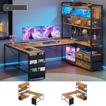 Dnxao 65" Gaming Desk with 3 Drawers and Pegboard, Rustic Brown | Reversible U Shaped Computer Desk with Power Outlets and LED Lights, Storage Shelves Workstation with Pegboard for Gamers - color: Rustic Brown