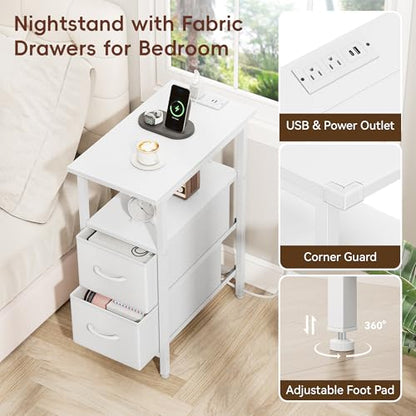 Set of 2 White Nightstand with Charging Station and LED Lights, Narrow Side Table, LED Night Stand with 2 Fabric Drawers, Bedside Table Small End Table, Tall Nightstand for Bedroom, White - color: White, size: 2, style: With LEDs