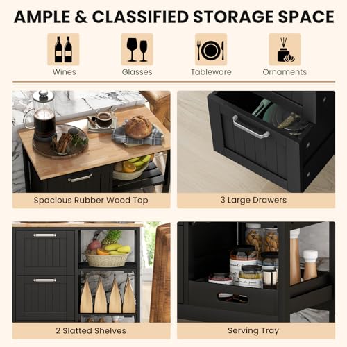 COSTWAY Kitchen Storage Island Cart on Wheels, Kitchen Rolling Trolley Cart with 3 Drawers and Shelves, 360° Wheels & Detachable Tray, Utility Cart for Dining Room, Living Room & Bedroom (Black) - color: Black