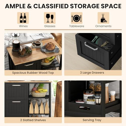 COSTWAY Kitchen Storage Island Cart on Wheels, Kitchen Rolling Trolley Cart with 3 Drawers and Shelves, 360° Wheels & Detachable Tray, Utility Cart for Dining Room, Living Room & Bedroom (Black) - color: Black