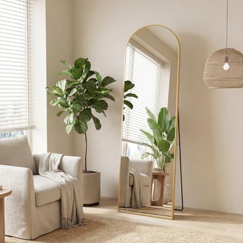Sweetcrispy 56"x15" Arched Full Length Mirror, Full Body Mirror, Gold | Aluminum Alloy Thin Frame, Floor or Standing, Suitable for Bedroom, Living Room, Cloakroom - color: Gold-arched, size: 56"L x 15"W