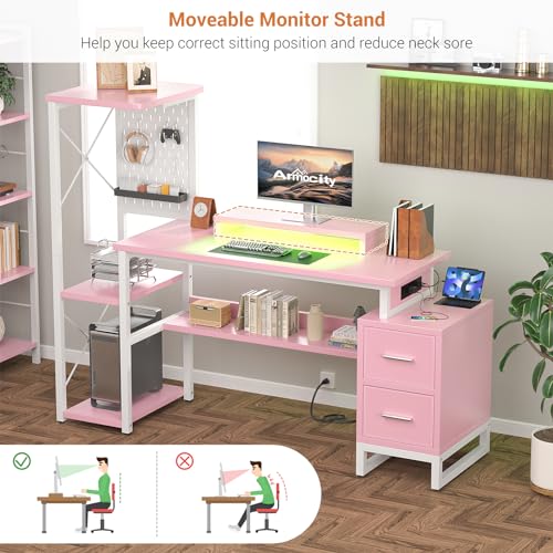 Computer Desk with 2 Fabric Drawers - Reversible Home Office Desk with Power Outlet & LED Lights, 53" Writing Desk with Monitor Stand & Storage Shelves, Gaming Desk Study Table with Pegboard, Pink - color: Pink