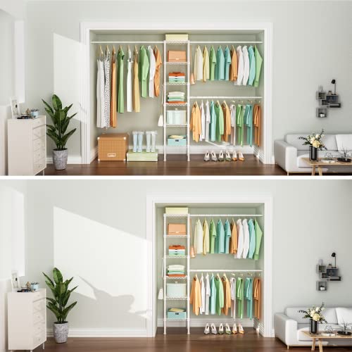 M1 Closet Storage Organizer System, 6 Tiers Heavy Duty Metal Garment Rack with 3 Expandable Hanger Rods, Wall Mounted Space Saver Suits from 5.4-8.7 ft. Width, 71.2”H x 14”D, 700LBS, White - color: White