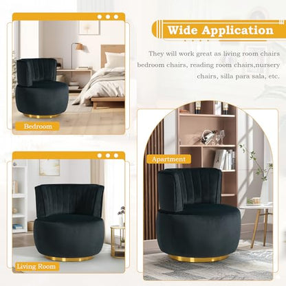 SLEERWAY 360° Swivel Barrel Chair Set of 2, Modern Velvet Round Accent Chair, Comfy Upholstered Small Armchair with Gold Metal Base for Living Room Bedroom Nursery Office Sillas para Sala, Black - color: Black, size: 25.2" W