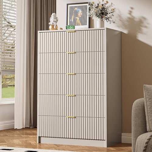 MAISONARIA 5 Drawer Dresser for Bedroom, Tall Dresser Chest of Drawers with Gold Handles, 32 Inch Wide Nightstand with for Bedroom, Living Rooms, Offices, and Entryways, Beige - color: Beige, size: 15.7"D x 31.5"W x 47.3"H (5 Drawers)