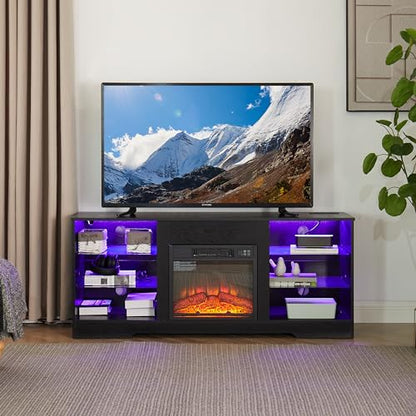 Modern 58 inch TV Stand with 18 inch Electric Fireplace, Entertainment Center with LED Lights and Power Outlets, Black Media Console with Glass Shelves for Living Room up to 65 inch TV - color: Black-x-57.87 X 15.35 X 24.61 Inch