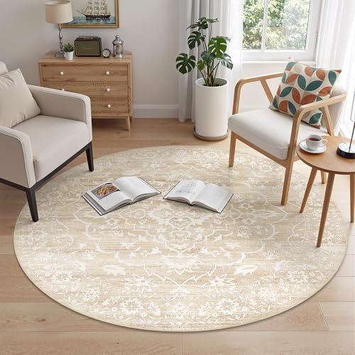 Soalmost Washable Round Rug 5ft for Living Room, Soft Circle Area Rug Beige | Vintage Floral Ultra-Thin Non-Slip Rugs, 5x5 Round Throw Carpet for Entryway Nursery Bedroom Kitchen Dining Room 5'Round - color: Beige, size: 5' (Round)