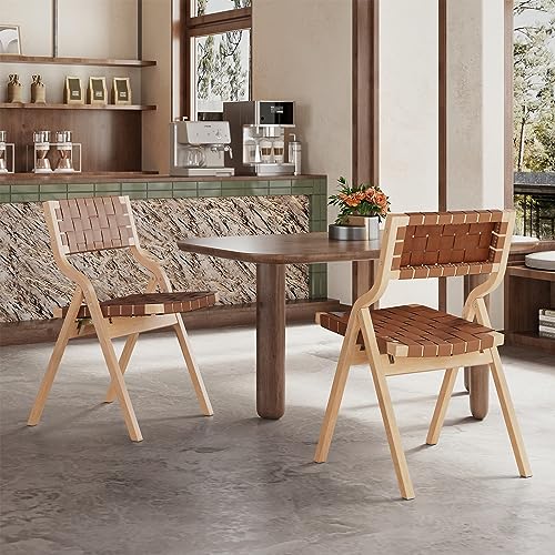 Wood Folding Chairs, Foldable Chairs Chairs Wooden Indoor Stackable Dining Chairs for Kitchen & Dining Room Chair Woven Seat & Webbing Back, Dining Chair Set of 2 - color: Brown/Natural, Pu Leather