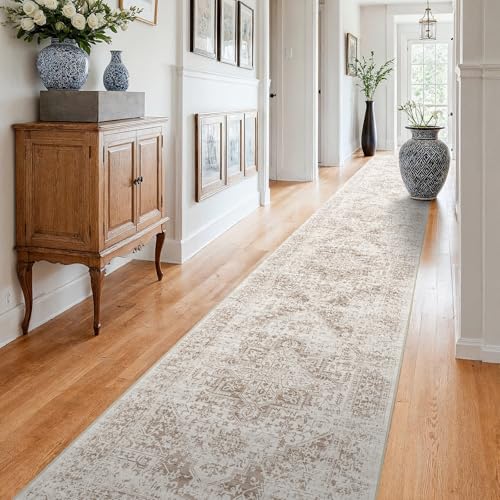 3x25 Washable Runner Rug: Vintage Non Slip Long Hallway Rugs IvoryBeige | Stain Resistant Easy Care Thin Rug Versatile Home Decor Ideal for Entryway Kitchen Living Room & Daily Indoor Walkway Use - color: Ivory/Beige, size: 3x25