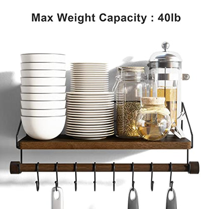 Alsonerbay Floating Shelf Coffee Bar Shelf with Towel Bar, Dark Brown | 8 removable hooks, solid wood, space-saving, holds cooking utensils & mugs, easy installation, kitchen & bathroom use - color: Dark Brown