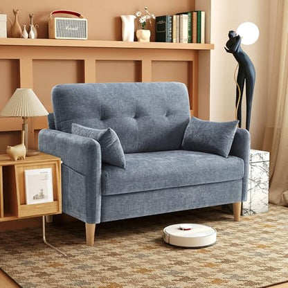 Urhanherry 47" Small Sofa Couch for Bedroom, Soft Chenille loveseat Mini Couch with Throw Pillow and Removable Cushion Cover for Small Spaces, Living Room, Apartment, Dorm, Office(Blue Grey) - color: Blue