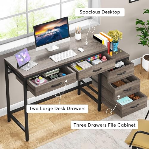 Tribesigns Computer Desk with 5 Drawers, Reversible Home Office Desks | Small Desk with Drawer Cabinet Printer Stand, PC Desk with Storage, Grey Study Writing Table Workstation for Small Spaces - color: Grey