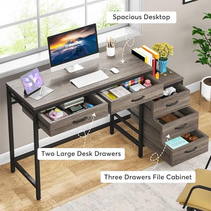 Tribesigns Computer Desk with 5 Drawers, Reversible Home Office Desks | Small Desk with Drawer Cabinet Printer Stand, PC Desk with Storage, Grey Study Writing Table Workstation for Small Spaces - color: Grey