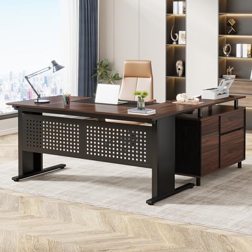 Tribesigns 63 Inch Executive Desk with File Cabinet, L Shaped Office Desk | Large Office Desk with File Drawer, L Shaped Desk with Storage Shelf, Business Furniture for Home Office, Dark Walnut - color: Black and Dark Walnut