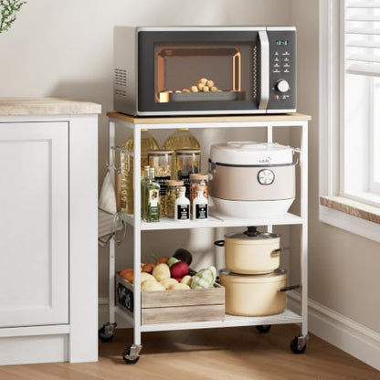 Homleke 3-Tier Rolling Kitchen Microwave Cart, Utility Cart | with Lockable Wheels Coffee Bar Table Station with 6 Hooks, Small Appliance Storage Shelf, White and Natural - color: White and Natural