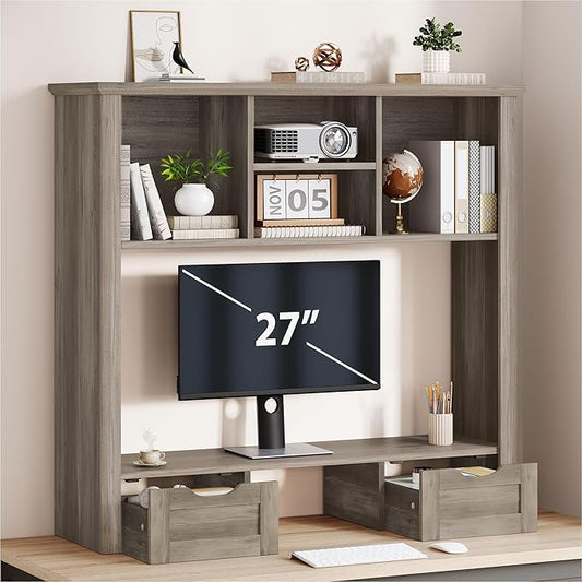 Desk Shelf with Computer Monitor Stand, 37.4''W Desktop Bookshelf | Display Rack, Desktop Organizer Storage Rack with Cubbies & Drawers, 5-Tier Hutch for Home, Office, Dorm, Vanity, Grey - color: Grey, size: 37.4" with Monitor Stand